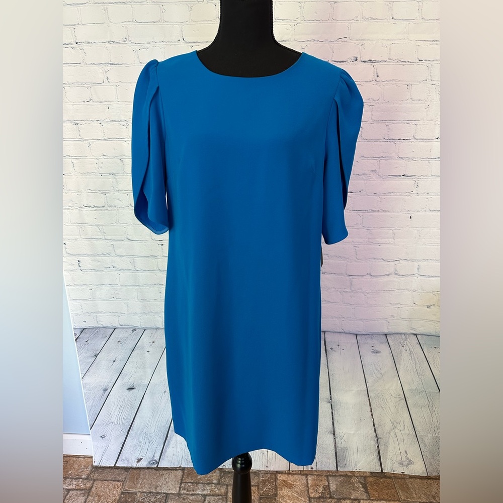 NWT Cynthia Steffe Cobalt Blue Overlap Sleeve Shift Dress, Size 12